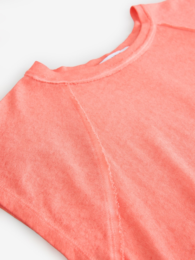 Coral Pink Washed Open Seam Detailing Raglan Short Sleeve Crew Neck T-Shirt - Image 7 of 7