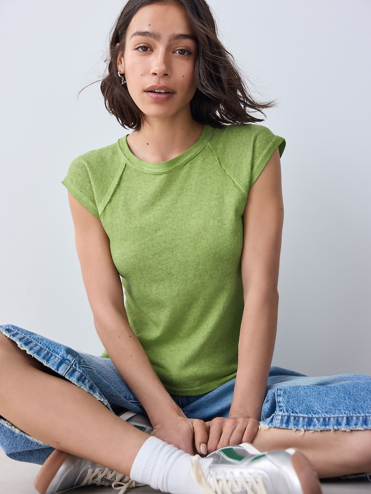 Green Washed Open Seam Detailing Raglan Short Sleeve Crew Neck T-Shirt - Image 1 of 9