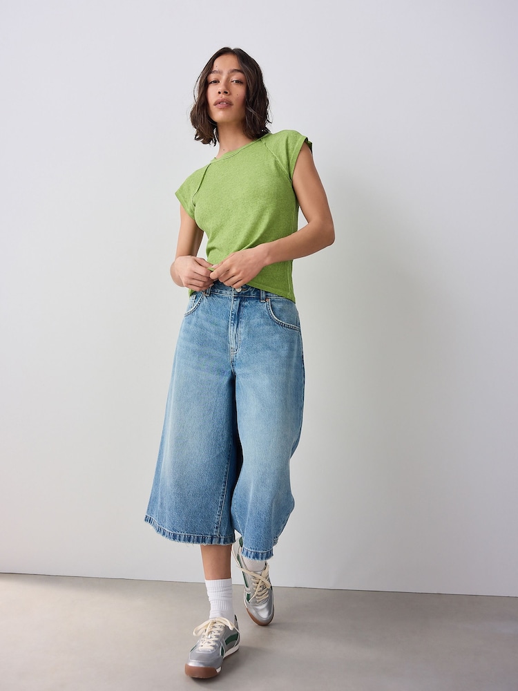 Green Washed Open Seam Detailing Raglan Short Sleeve Crew Neck T-Shirt - Image 2 of 9