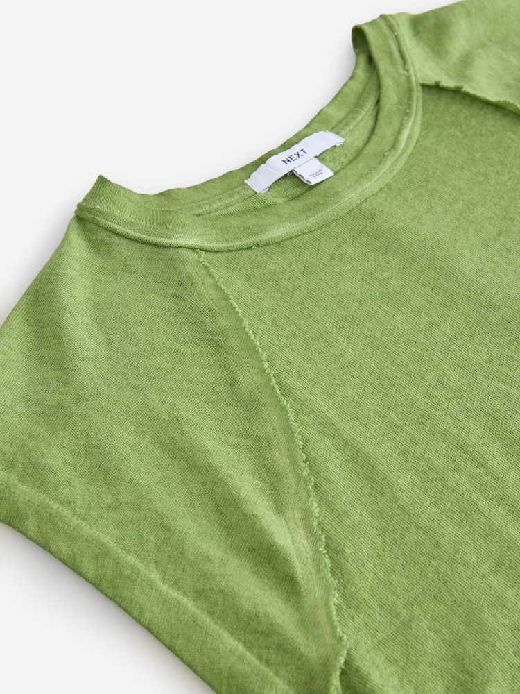 Green Washed Open Seam Detailing Raglan Short Sleeve Crew Neck T-Shirt - Image 9 of 9