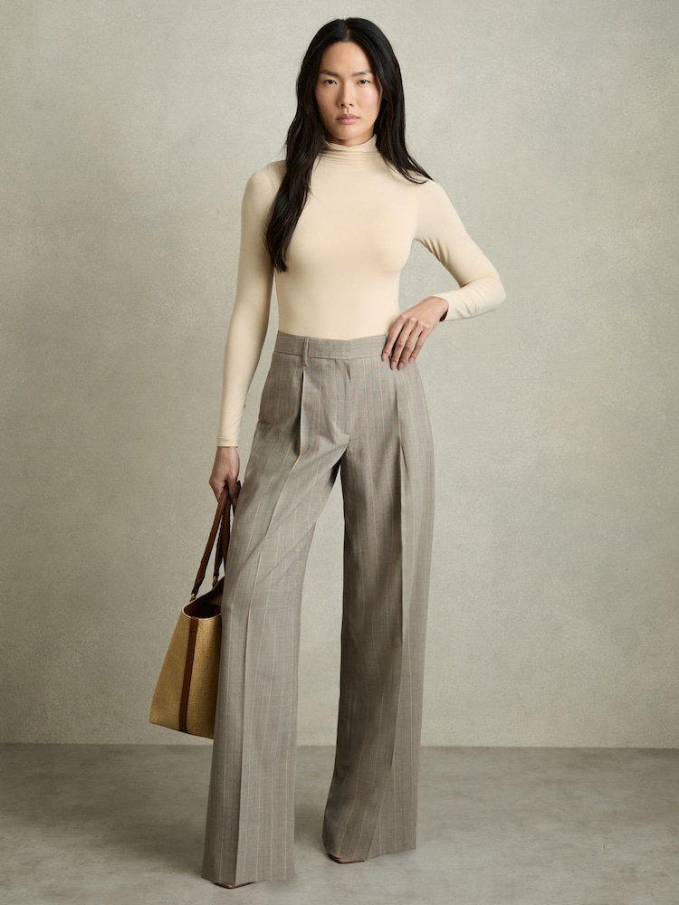 Reiss Grey Tallulah Petite Wool-Blend Wide-Leg Pinstripe Trousers - Image 1 of 7