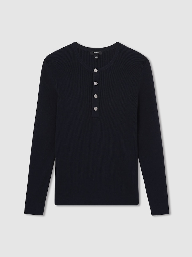 Reiss Navy Ashwell Rib Knit Henley Jumper - Image 2 of 6