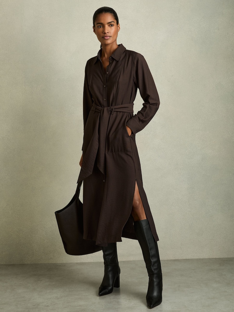 Reiss Charcoal Mabel Long-Sleeve Belted Midi Dress - Image 1 of 5
