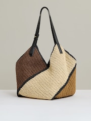 Reiss Tan Farrah Raffia Colour-Block Tote Bag - Image 1 of 5