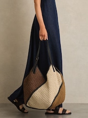 Reiss Tan Farrah Raffia Colour-Block Tote Bag - Image 2 of 5