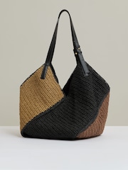 Reiss Tan Farrah Raffia Colour-Block Tote Bag - Image 4 of 5