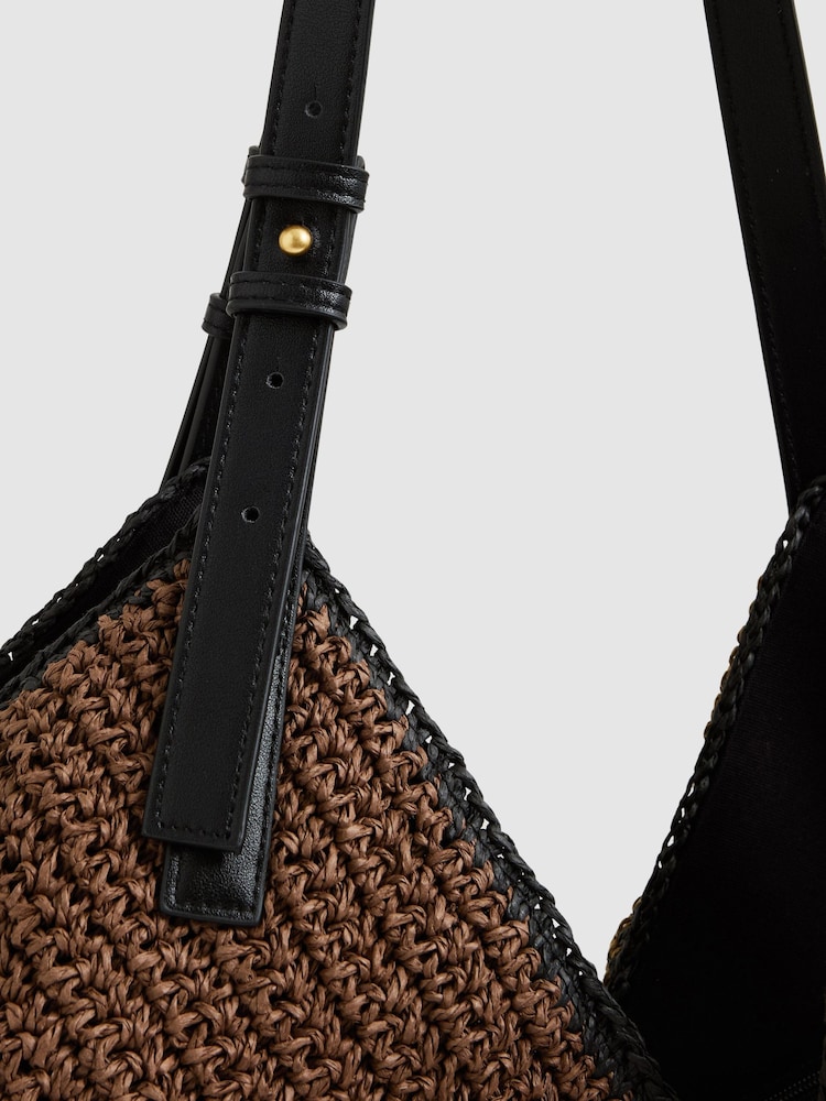 Reiss Tan Farrah Raffia Colour-Block Tote Bag - Image 5 of 5