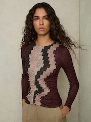 Reiss Burgundy Gianna Printed Ruched Top With Wool - Image 1 of 5