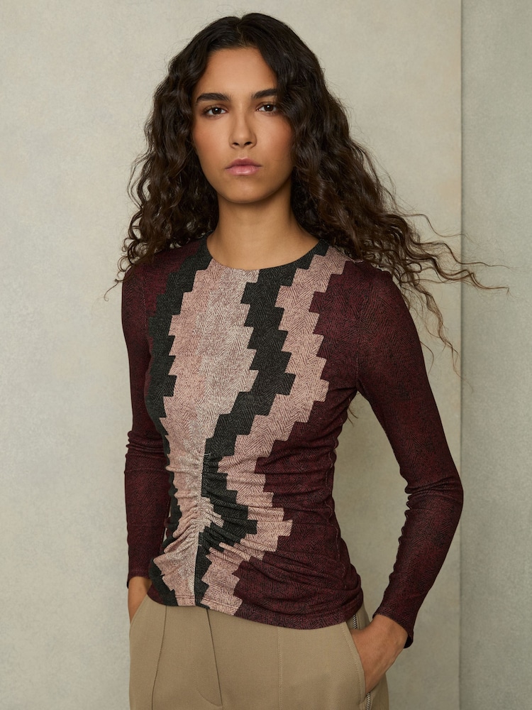 Reiss Burgundy Gianna Printed Ruched Top With Wool - Image 1 of 5
