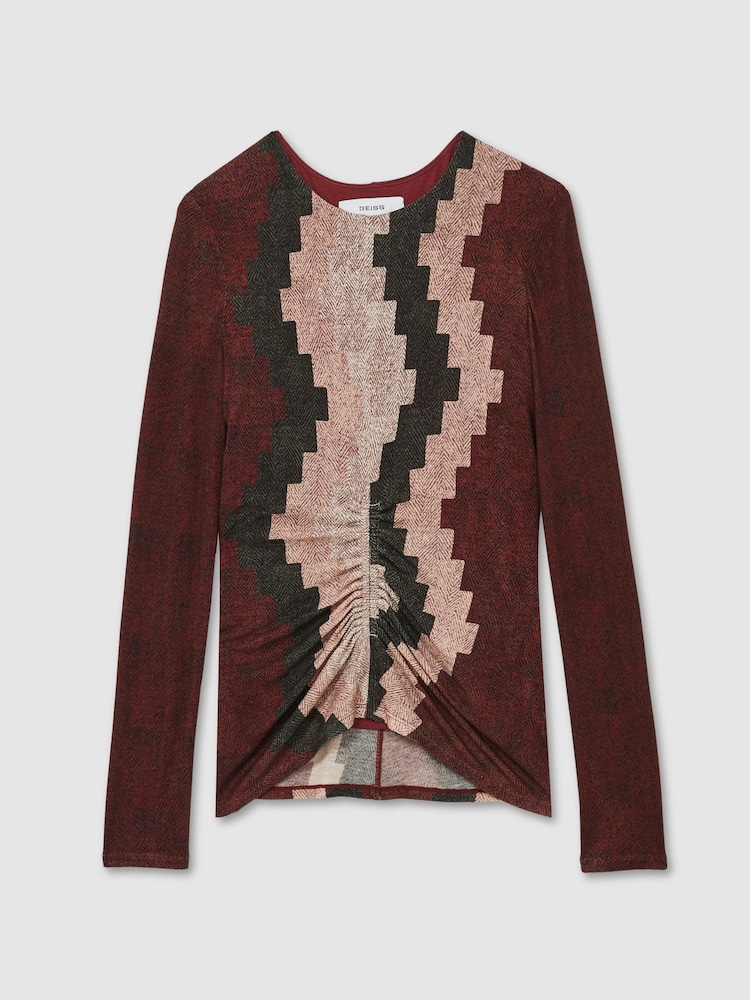 Reiss Burgundy Gianna Printed Ruched Top With Wool - Image 2 of 5