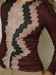 Reiss Burgundy Gianna Printed Ruched Top With Wool - Image 3 of 5