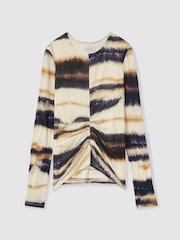 Reiss Cream/Black Gia Printed Jersey Ruched Top With Wool - Image 2 of 5
