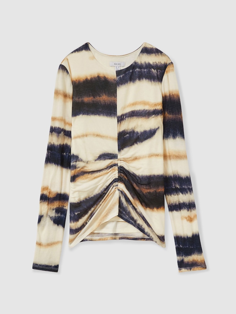 Reiss Cream/Black Gia Printed Jersey Ruched Top With Wool - Image 2 of 5