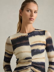 Reiss Cream/Black Gia Printed Jersey Ruched Top With Wool - Image 3 of 5