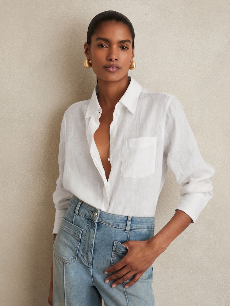 Reiss White Belle Linen Button-Through Shirt - Image 1 of 6