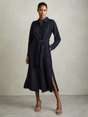 Reiss Navy Mabel Long-Sleeve Belted Midi Dress - Image 1 of 5