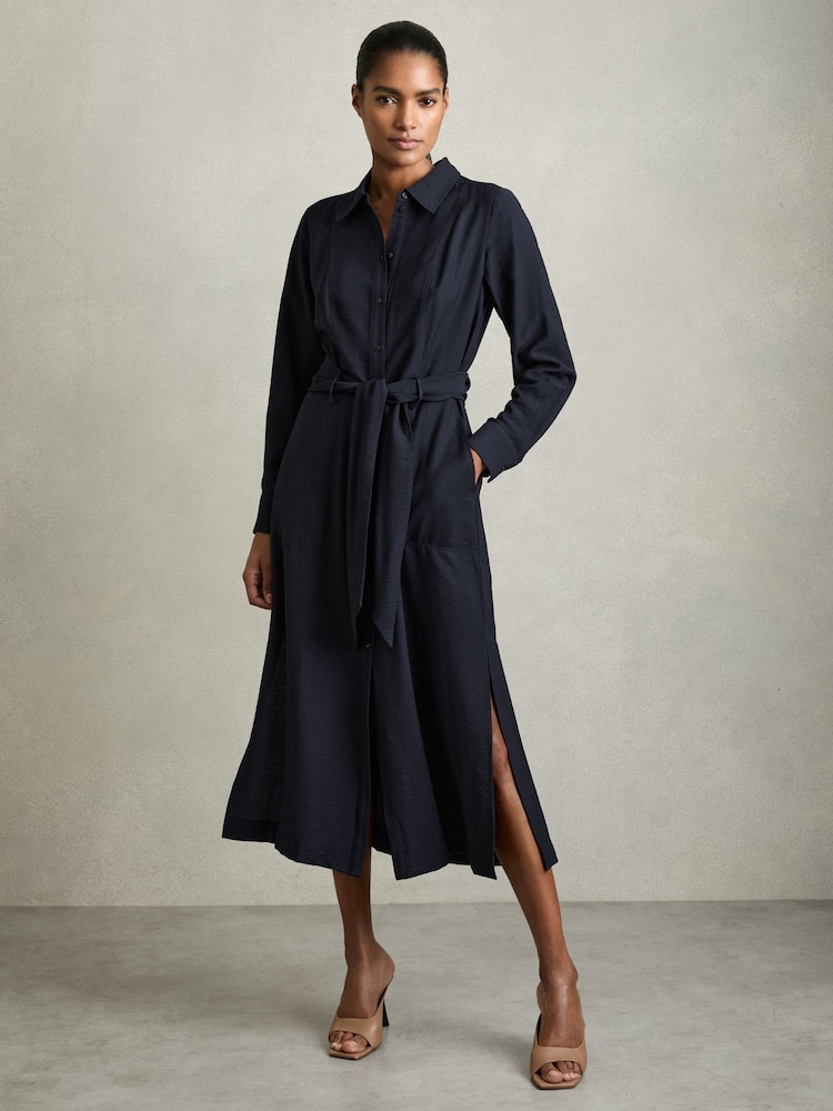 Reiss Navy Mabel Long-Sleeve Belted Midi Dress - Image 1 of 5