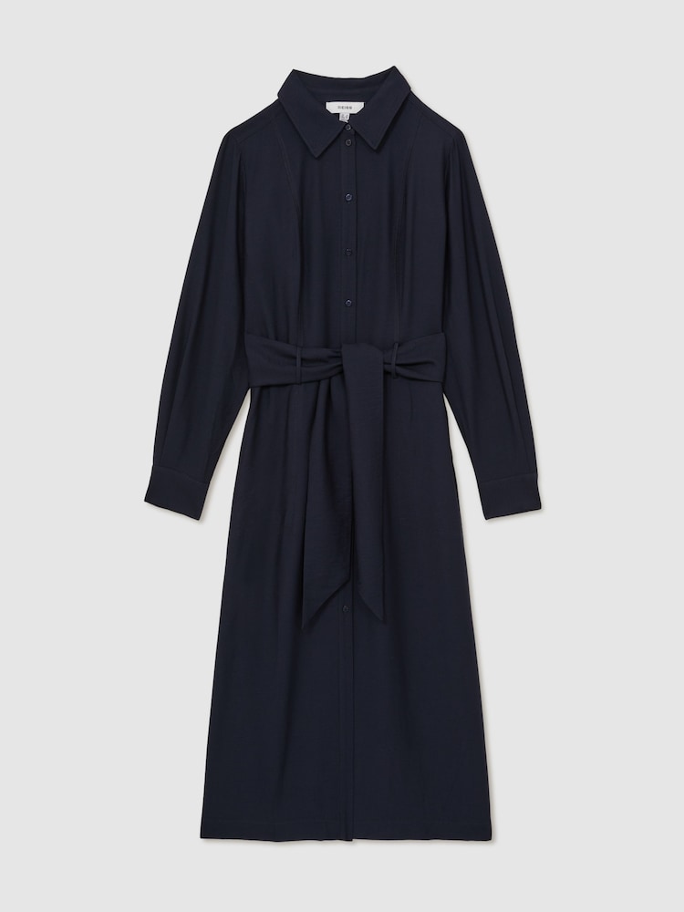 Reiss Navy Mabel Long-Sleeve Belted Midi Dress - Image 2 of 5