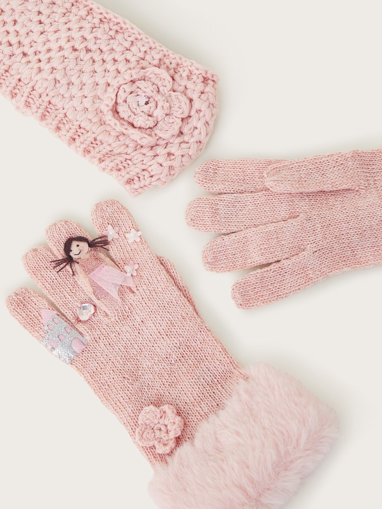 Monsoon Pink Flower Print Princess Winter Gloves and Knit Headband Set - Image 2 of 2 Monsoon Pink Flower Print Princess Winter Gloves and Knit Headband Set - Image 2 of 2