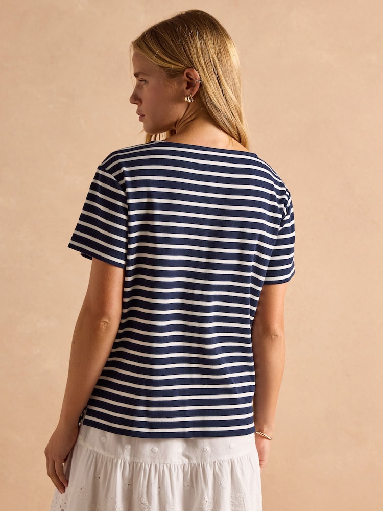 Marinho/Branco - Blusa bretã de manga curta Joules Harbour com gola de barco - Imagem 2 de 7