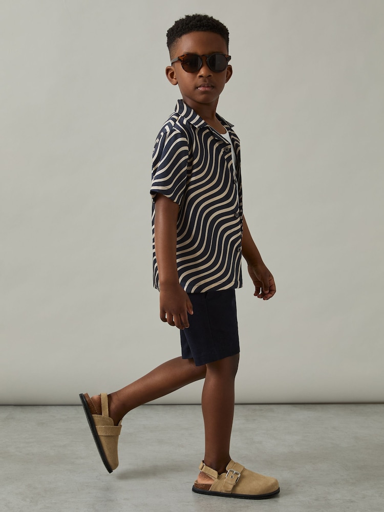 Reiss Navy/Off White Carbello 9-13 yrs Wave-Print Cuban-Collar Shirt - Image 1 of 4