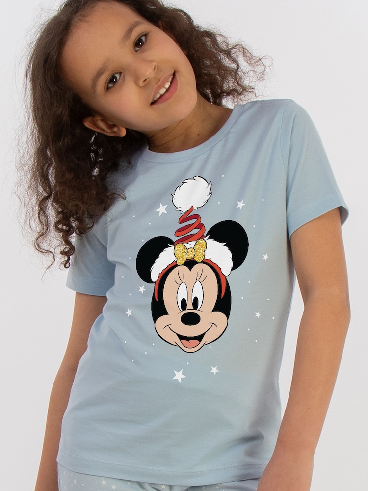 Brands In Blue Girls Disney Minnie Mouse Christmas Hat Stars 100% Cotton Pyjamas - Image 1 of 4