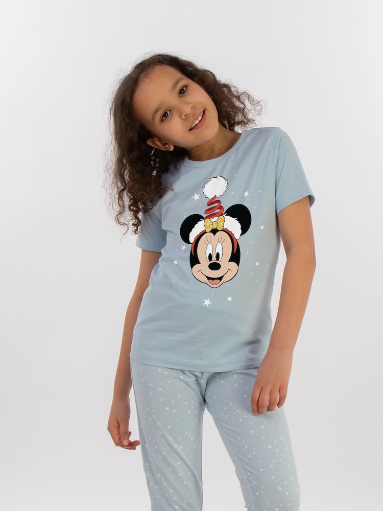 Brands In Blue Girls Disney Minnie Mouse Christmas Hat Stars 100% Cotton Pyjamas - Image 2 of 4
