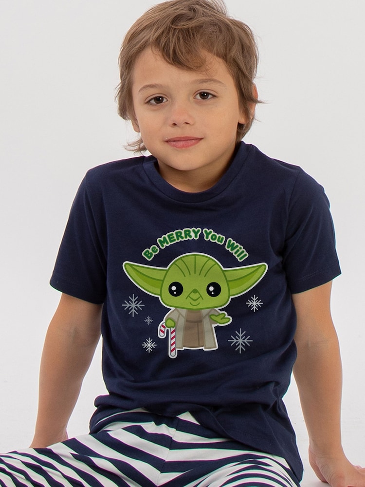 Brands In Blue Boys Star Wars Christmas Be Merry You Will Stripes 100% Cotton Pyjamas - Image 1 of 4