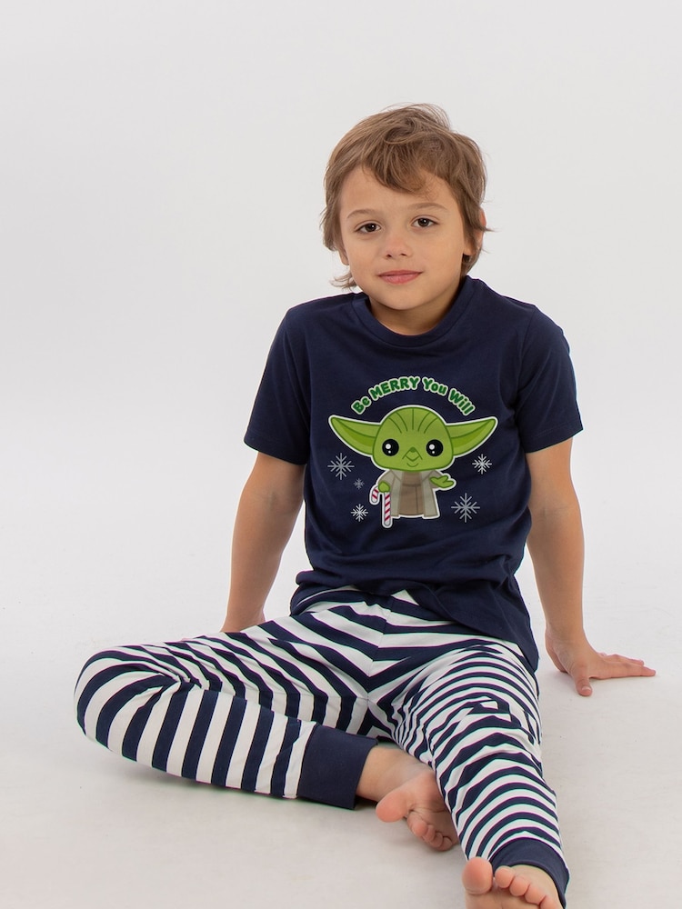 Brands In Blue Boys Star Wars Christmas Be Merry You Will Stripes 100% Cotton Pyjamas - Image 2 of 4
