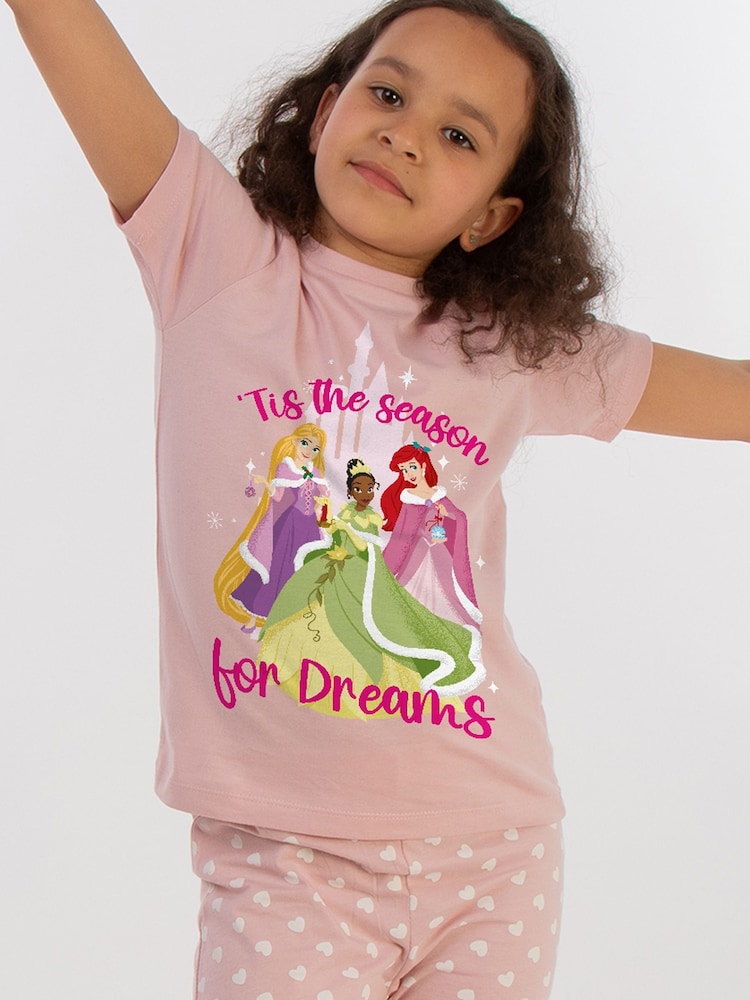 Brands In Pink Girls Disney Princess Season Of Dreams Hearts 100% Cotton Pyjamas - Image 1 of 4