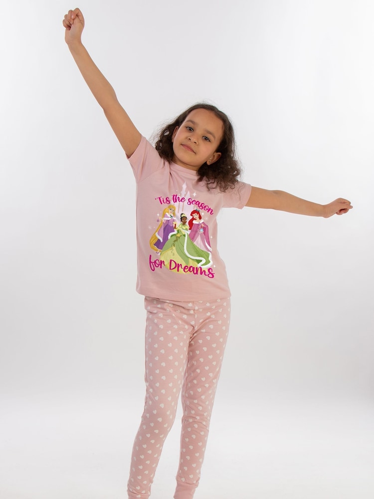 Brands In Pink Girls Disney Princess Season Of Dreams Hearts 100% Cotton Pyjamas - Image 2 of 4
