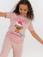 Brands In Pink Girls Highland Cow Mooey Christmas Hearts 100% Cotton Pyjamas - Image 1 of 4