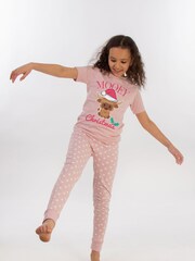 Brands In Pink Girls Highland Cow Mooey Christmas Hearts 100% Cotton Pyjamas - Image 2 of 4