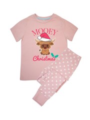Brands In Pink Girls Highland Cow Mooey Christmas Hearts 100% Cotton Pyjamas - Image 3 of 4