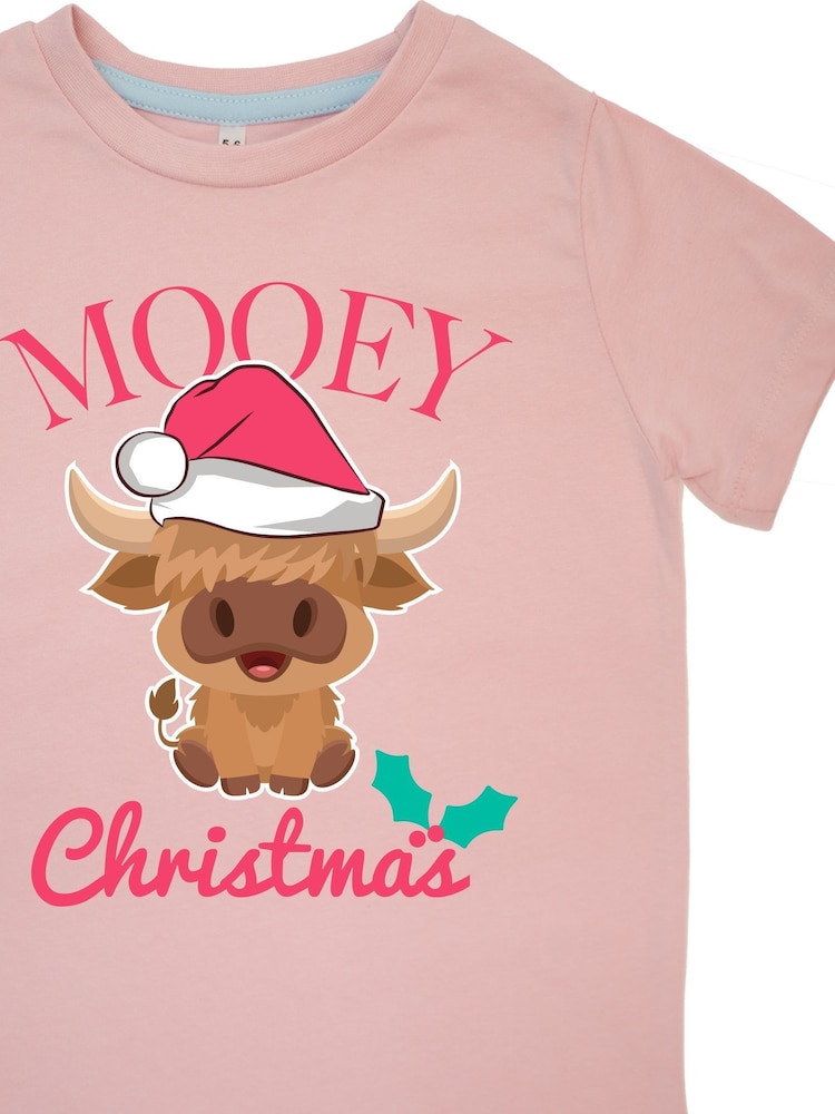 Brands In Pink Girls Highland Cow Mooey Christmas Hearts 100% Cotton Pyjamas - Image 4 of 4