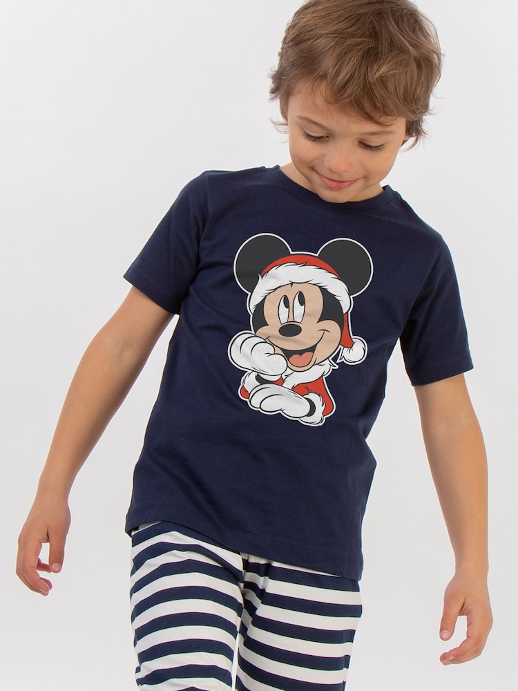 Brands In Blue Boys Disney Mickey Mouse Christmas Santa Hat Stripes 100% Cotton Pyjamas - Image 1 of 4 Brands In Blue Boys Disney Mickey Mouse Christmas Santa Hat Stripes 100% Cotton Pyjamas - Image 1 of 4