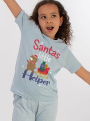 Brands In Blue Girls Christmas Santas Little Helper Stars 100% Cotton Pyjamas - Image 1 of 4