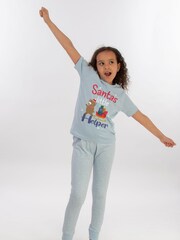 Brands In Blue Girls Christmas Santas Little Helper Stars 100% Cotton Pyjamas - Image 2 of 4