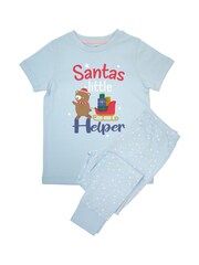 Brands In Blue Girls Christmas Santas Little Helper Stars 100% Cotton Pyjamas - Image 3 of 4