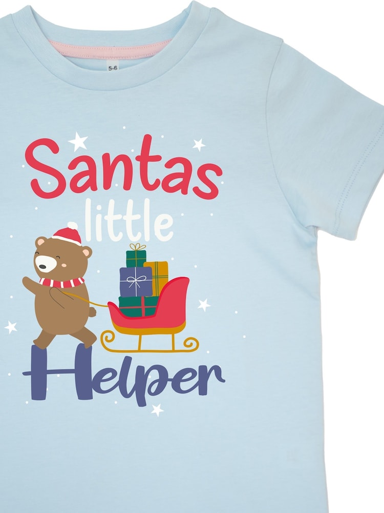 Brands In Blue Girls Christmas Santas Little Helper Stars 100% Cotton Pyjamas - Image 4 of 4