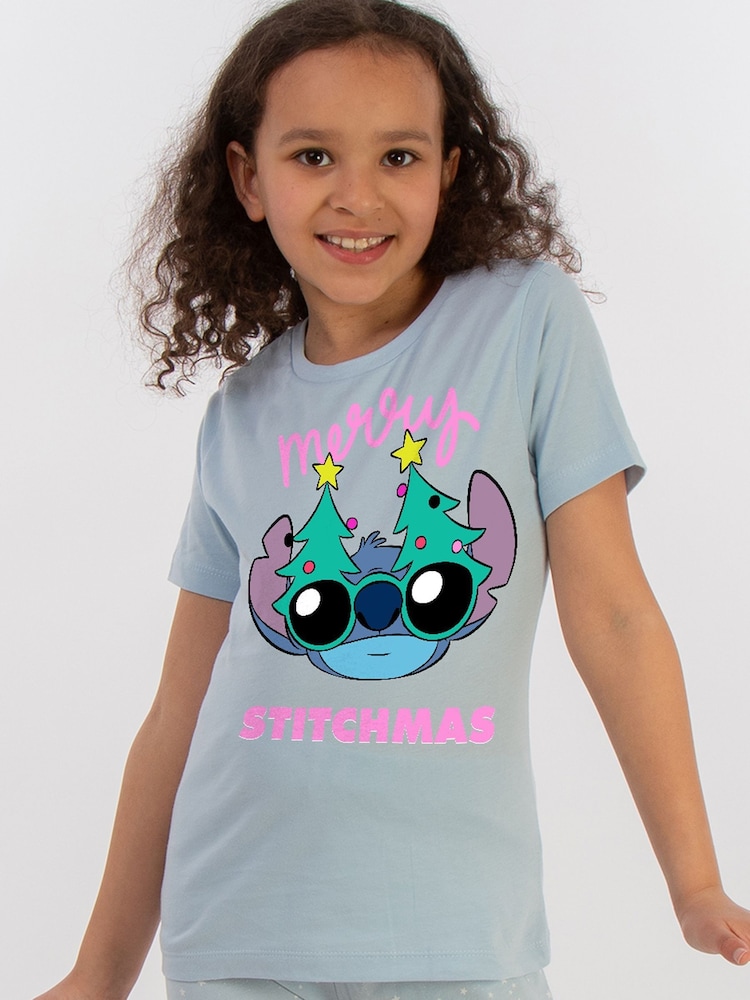 Brands In Blue Girls Disney Lilo & Stitch Merry Stitchmas Christmas Stars 100% Cotton Pyjamas - Image 1 of 4