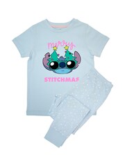 Brands In Blue Girls Disney Lilo & Stitch Merry Stitchmas Christmas Stars 100% Cotton Pyjamas - Image 3 of 4