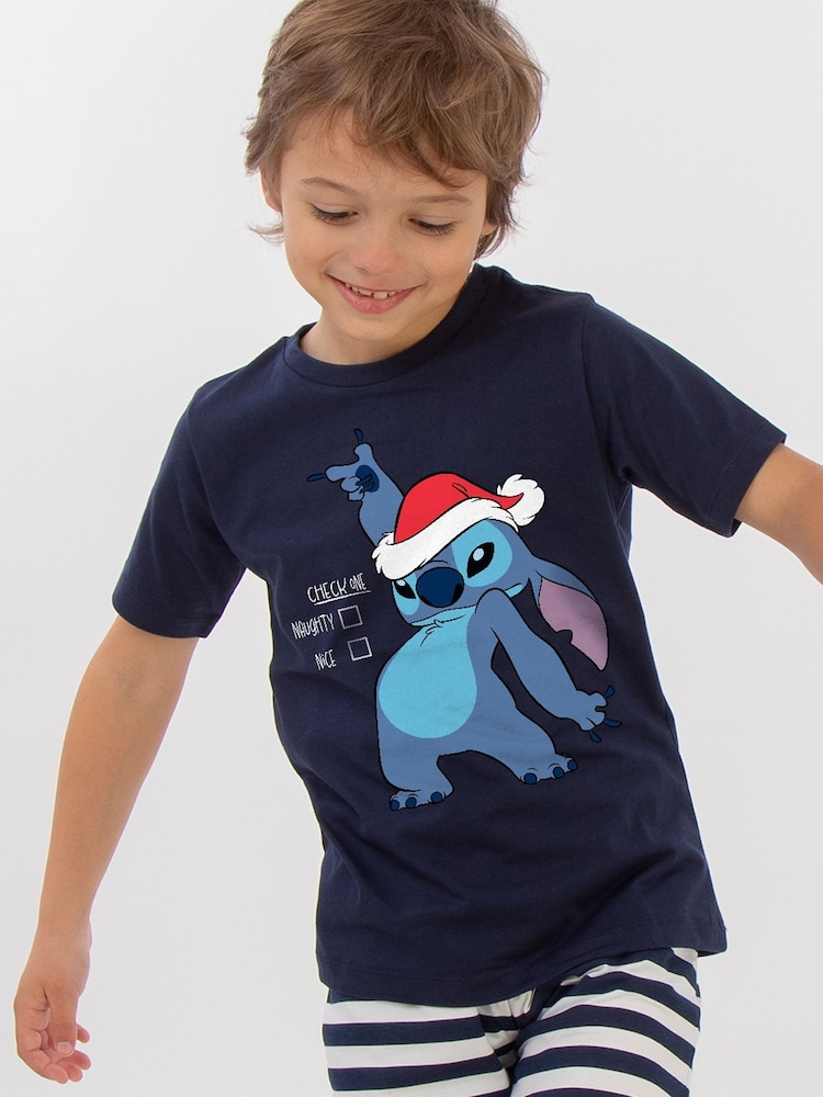 Brands In Blue Boys Disney Lilo & Stitch Naughty Or Nice Stripes 100% Cotton Pyjamas - Image 1 of 4