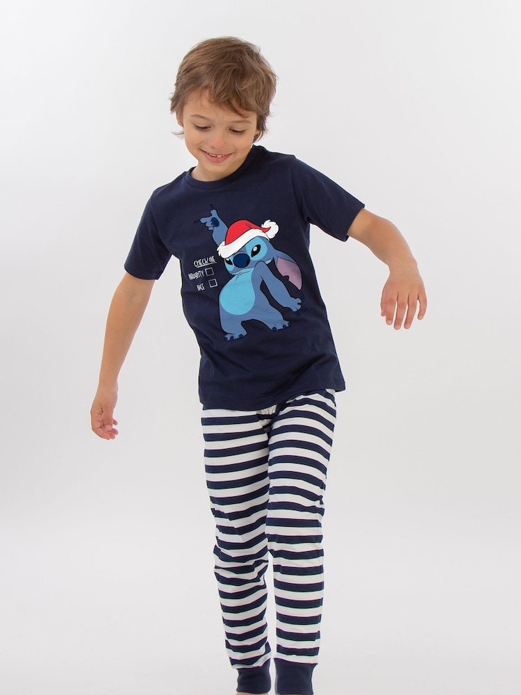 Brands In Blue Boys Disney Lilo & Stitch Naughty Or Nice Stripes 100% Cotton Pyjamas - Image 2 of 4