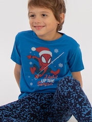 Brands In Blue Boys Marvel Spider-Man Light Up The Season Royal Camo 100% Cotton Pyjamas - Image 1 of 4