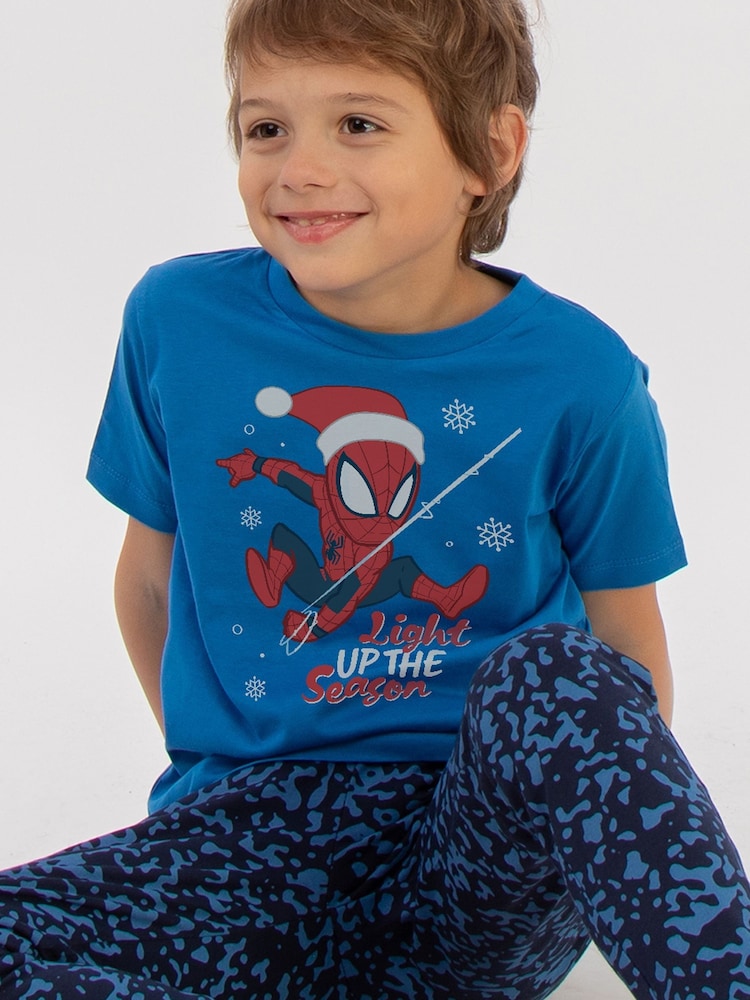 Brands In Blue Boys Marvel Spider-Man Light Up The Season Royal Camo 100% Cotton Pyjamas - Image 1 of 4
