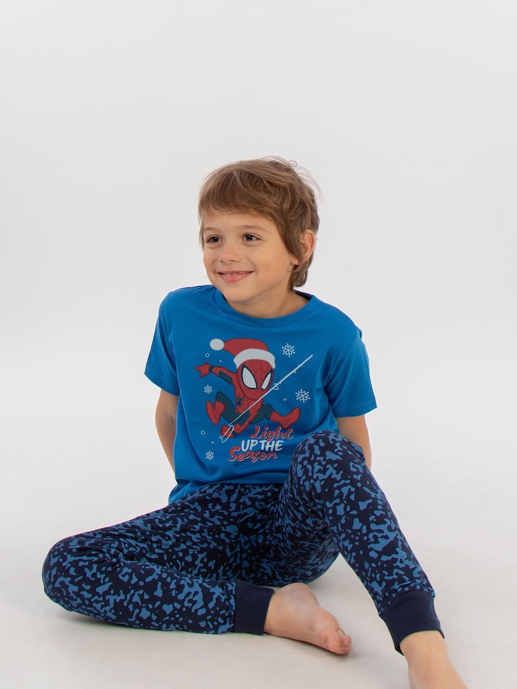 Brands In Blue Boys Marvel Spider-Man Light Up The Season Royal Camo 100% Cotton Pyjamas - Image 2 of 4