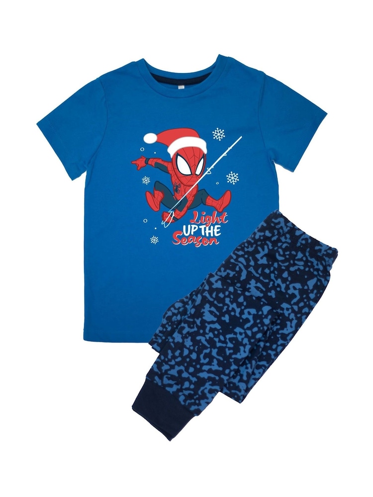 Brands In Blue Boys Marvel Spider-Man Light Up The Season Royal Camo 100% Cotton Pyjamas - Image 3 of 4