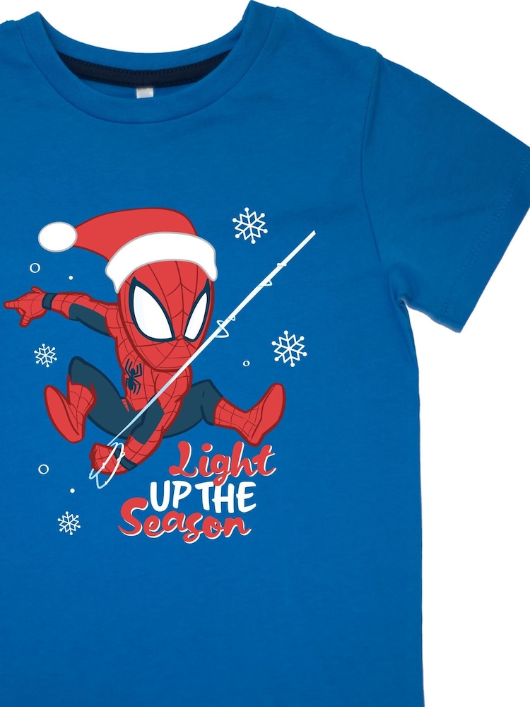 Brands In Blue Boys Marvel Spider-Man Light Up The Season Royal Camo 100% Cotton Pyjamas - Image 4 of 4