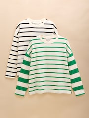 Joules Ellie 2 Pack Black/Green Stripe Long Sleeve Jersey Tops - Image 1 of 13
